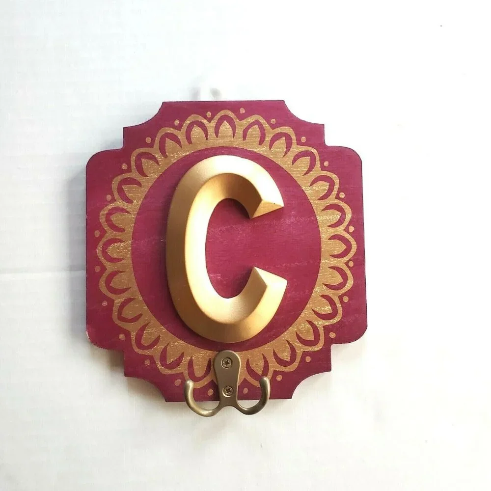 Wooden Wall Mounted Monogram “C” Jewelry Hook Maroon & Gold NEW